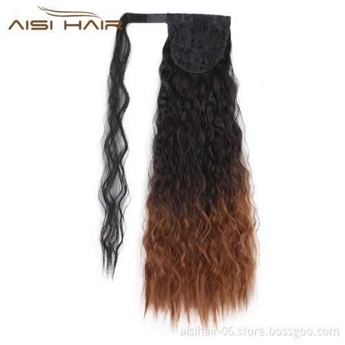 Aisi Hair Black Mixed Brown Long Wavy Drawstring Ponytail Hairpiece Heat Resistant Synthetic Hair Clip In Extensions For Women